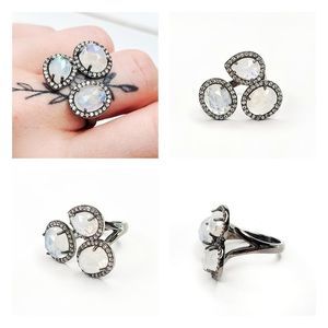 Triple Moonstone with Simulated Diamond Pave Bezel Adjustable Ring | 7½-11
